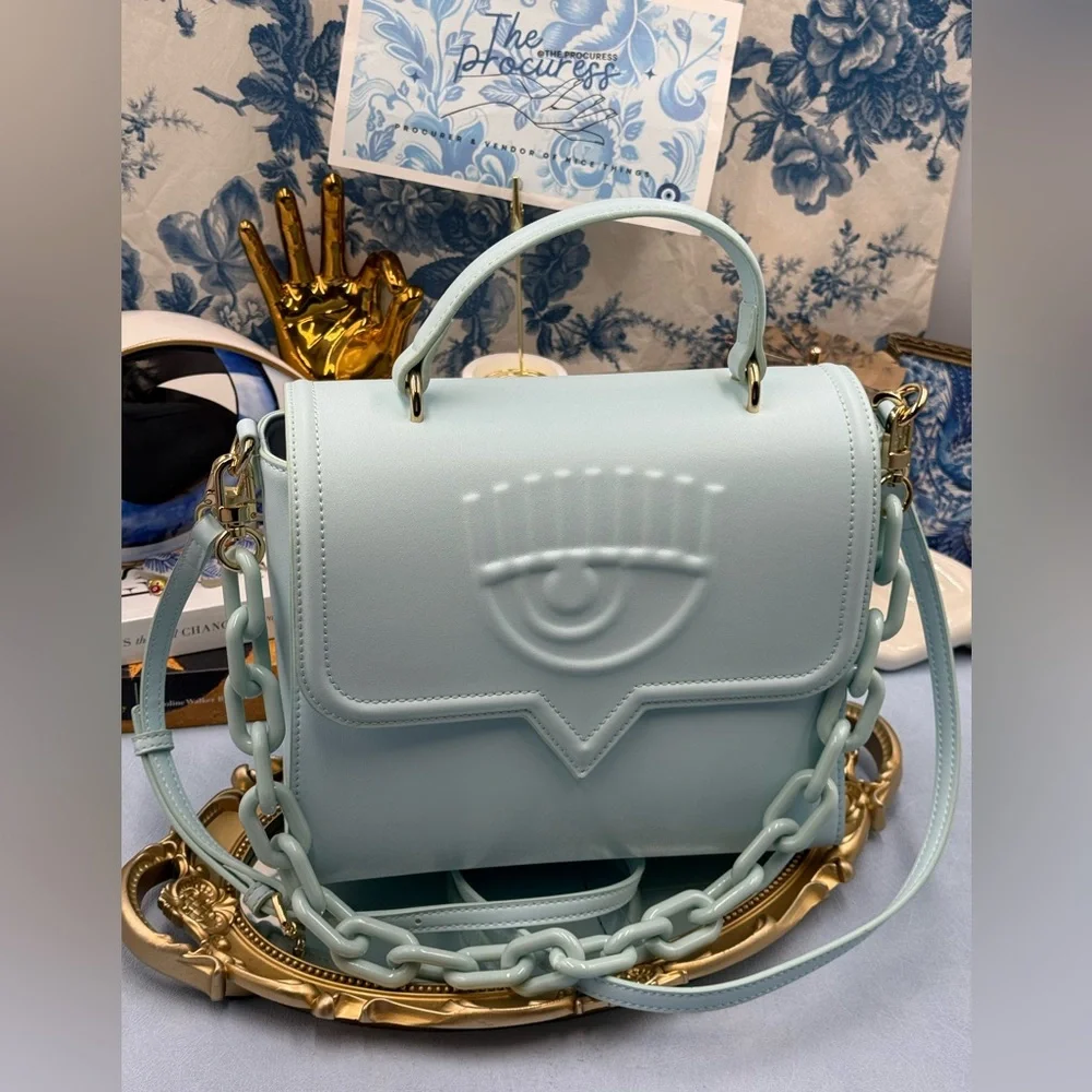 🆕 CHIARA FERRAGNI 🧿 NWOT Pale Blue Eyelike Tote Bag, Top Handle, Chain & Strap